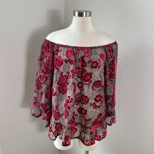 Democracy Womens Plus 1X Off The Shoulder Sheer Crushed Velvet Floral Top Shirt